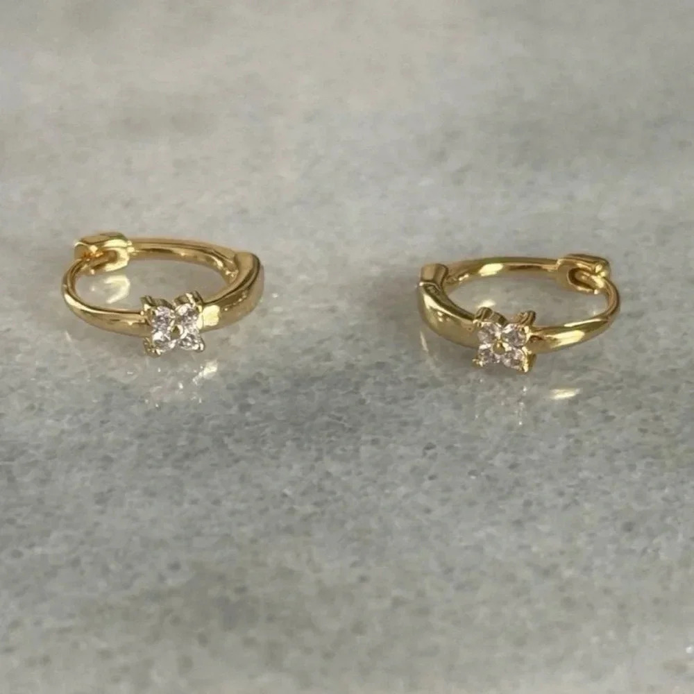 Gold Crystal Flower Huggie Hoop Earrings Brand New